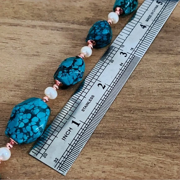Genuine Turquoise and FreshwaterPearl Necklace with Solid Copper Beads & Clasp - Picture 4 of 12